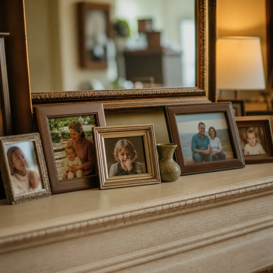 Framed family photographs on a mantel