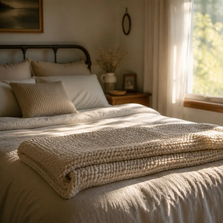 A soft blanket folded at the foot of a bed