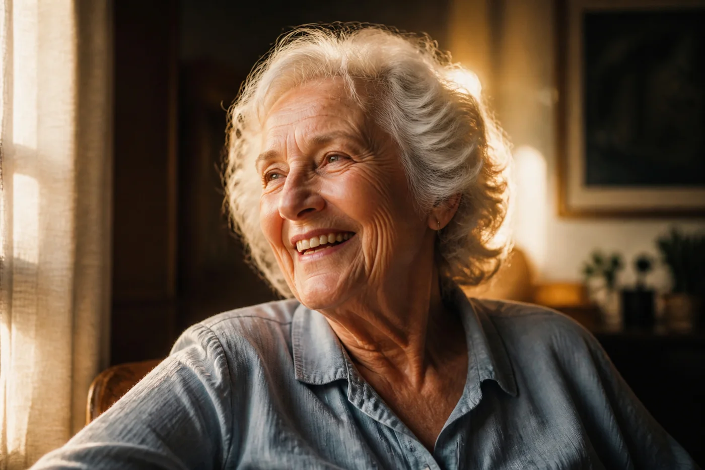 A senior woman with tea, looking out of a sunlit window